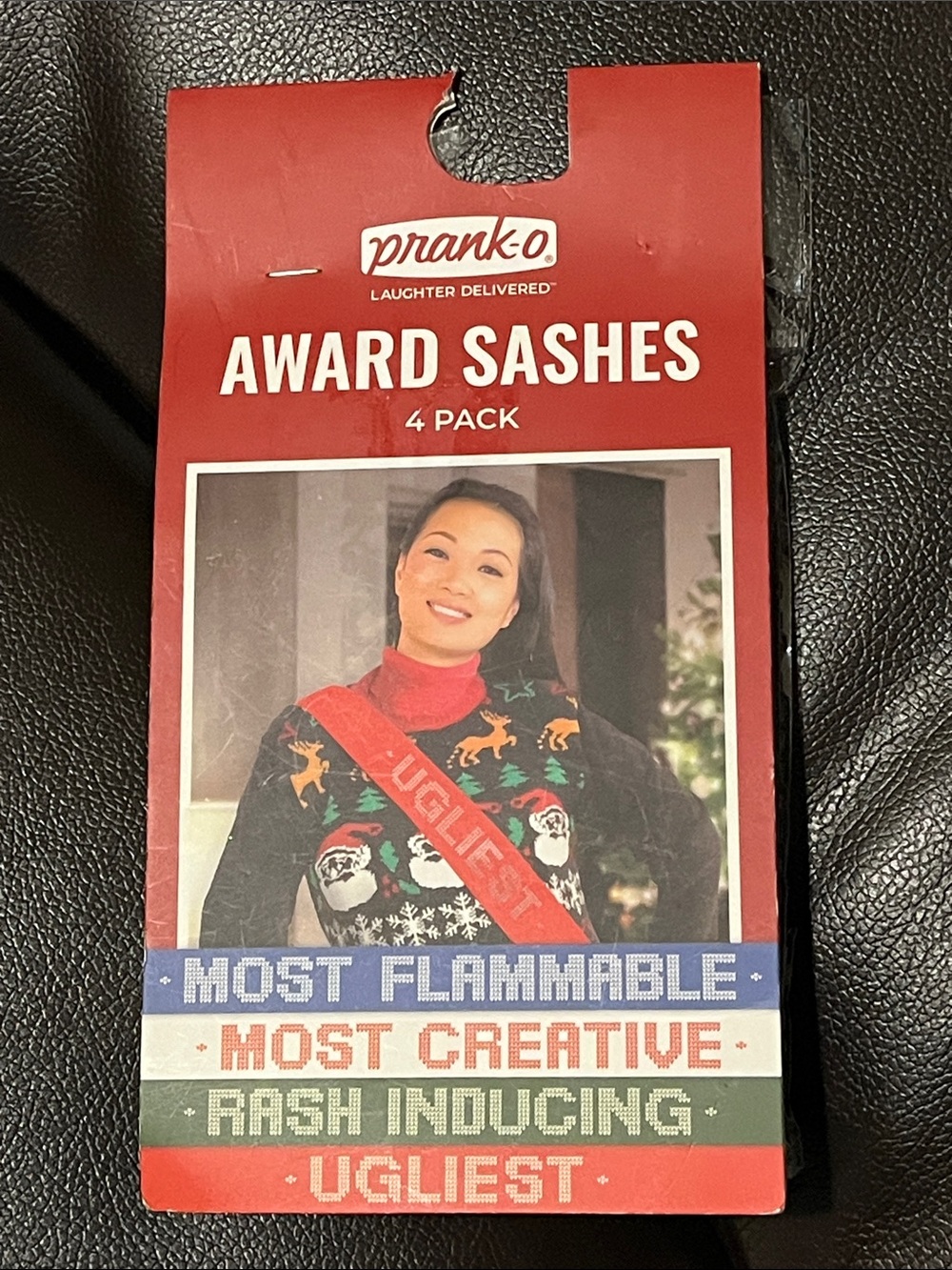 4 UGLY SWEATER AWARD SASHES from PRANK-O, 4 awards NEW IN PACKAGE